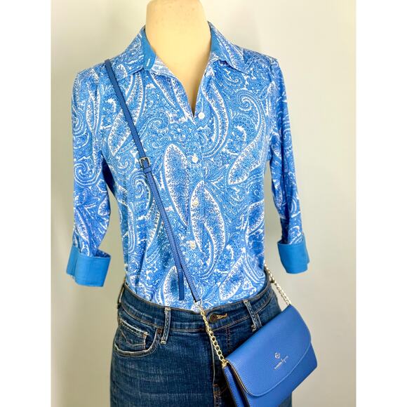 Vintage Talbots women's printed cotton lawn blue paisley shirt,  size M - Picture 5 of 12
